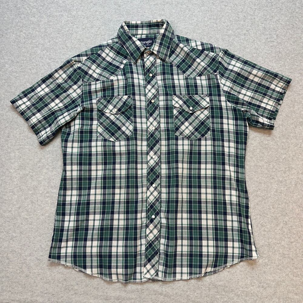Wrangler Western Shirts Plaid Men's L Green White Black Button-Up Short Sleeve